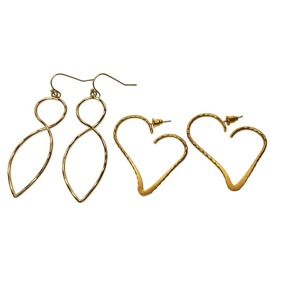 Gold Tone Dangle Earrings Lot 2 Pair Open Heart Hoops Drop Hammered Spiral Twist